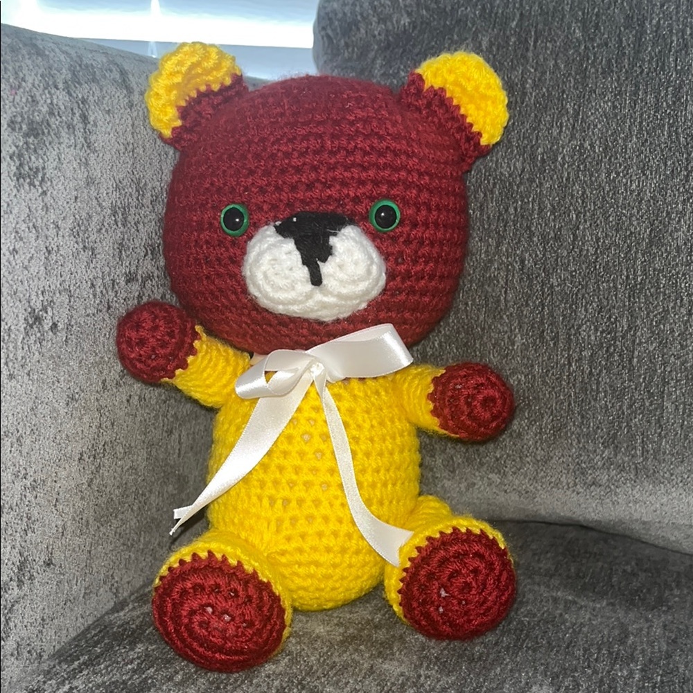 Handcrafted Red and Yellow Crochet Teddy Bear